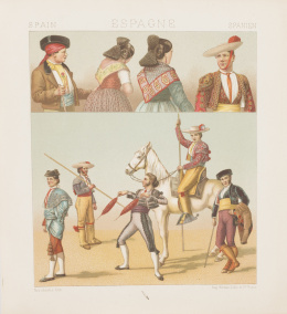 465.  Charles Auguste Albert Racinet (1825-1893)“Espagne: costumes populaires”, “Espagne: Types populaires”, “Espagne: la cuadrilla de la tauromachie moderne (2)”, “Espagne: Iles Baléares”, “Espagne: Iles Baléares et pityuses ou ébuses”, “Espagne: costumes de .