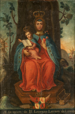 847.  BENTURA JOSÉ DE GUIOL, también llamado BUENAVENTURA JOSÉ DE GUIOL (Escuela mexicana, siglo XVIII)La Virgen de Valvanera con escudo de armas