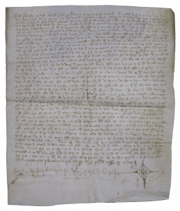 369.  Carta de venta de tierras en Lora del Río (Sevilla) por parte de Juan González y su mujer Teresa Alfonso a Gómez Suárez de Figueroa, I conde de Feria.Lora del río (Sevilla), 17 de enero de 1391..