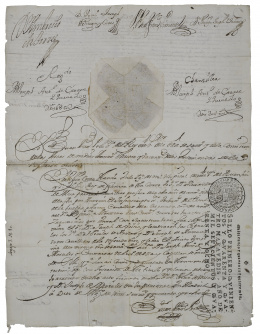 355.  Título de Caballero de la Orden Santiago a favor de Francisco Montero, “Natural de la villa de Palma”Firmado por Fernando VI en Buen Retiro (Madrid) el 13 de julio de 1748..