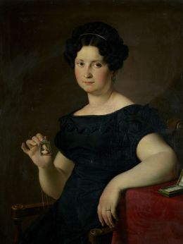 950.  ZACARÍAS GONZÁLEZ VELÁZQUEZ (1763-1834)Retrato de Dña. Manuela González Velázquez y Díaz Jiménez, sentada junto a una mesa, sosteniendo una miniatura en su mano derecha.h. 1833.