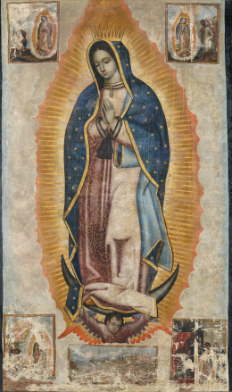 220.  CRISTÓBAL DE VILLALPANDO (Ciudad de México, c. 1649 - 1714)Virgen de Guadalupe con escenas de sus apariciones al indio Juan Diego y la ciudad de México con la Basílica Guadalupe en el Cerro de Tepeyac..