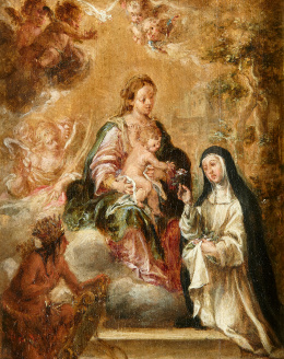 207.  JUAN VALDÉS LEAL (1622- 1690)Visión de Santa Rosa de Lima con la Virgen y el Niño e indio venerándola junto al blasón de la ciudad de Lima.H. 1670..