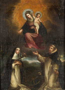 1165.  ESCUELA ESPAÑOLA, SIGLO XVIIVirgen entregando el rosario a santa Catalina de Siena y santo Domingo