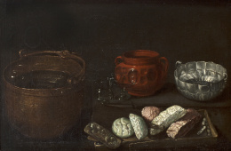 523.  ATRIBUIDO A IGNACIO ARIAS (Madrid, c. 1618-1653)Bodegón con dulces, copas de cristal, vasija de cerámica de Tonalá, olla metálica y bernegal, h. 1640-1652.