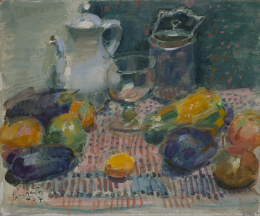 833.  JULIÁN GRAU SANTOS  (Canfranc, Huesca, 1937)Cafetera y frutas de invierno, 1977.