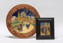 1541.  Daniel Zuloaga (1852-1921)Vista de la catedral de Segovia con campesinosPlaca de cerámica esmaltada con la técnica de arista. Firmado .