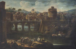 890.  CÍRCULO DE FRANÇOIS NOMÉ (Escuela italiana, siglo XVII)Vista del puente y castillo de San Angelo (Mausoleo de Adriano) y el Vaticano al fondo..