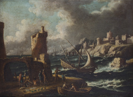 429.  ESCUELA ITALIANA, SIGLO XVIIIVista marítima con puerto, figuras, barcos y ciudad al fondo