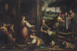 879.  CÍRCULO DE JACOPO BASSANO (Escuela italiana, siglo XVII)Cena en Emaús
