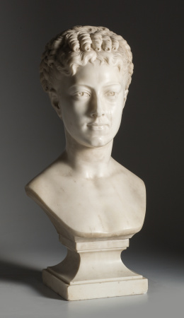 1272.  Pierre Loison (Mer, 1816 - Cannes, 1876).Busto femenino en mármol tallado.