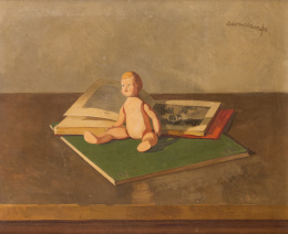 873.  RAFAEL DURANCAMPS (Sabadell, 1891 - Barcelona, 1979)Muñeca y libros sobre una mesa