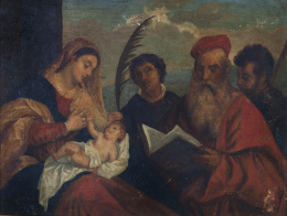 698.  COPIA DE TIZIANO (Escuela española, siglo XIX)"Sacra conversazione": La Virgen y el Niño con los santos Esteban, Jerónimo, Mauricio, otros dos donantes,