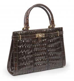 294.  Gran bolso de piel de cocodrilo salvaje color marron oscuro estilo Kelly bag con asas cortas