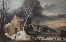 856.  ABRAHAM BEERSTRATEN (1643-1665) o ANTHONIE BEERSTRATEN (1637-1664)Paisaje nevado con patinadores en un lago congelado