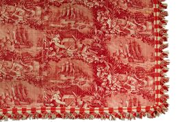 1390.  Toile de Jouy de tela estampada en rojo con escenas de puertos y remtado por una orla de flores.Trabajo francés, h. 1840.