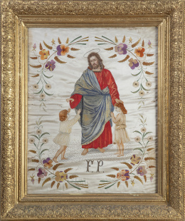 1385.  Bordado de hilos de color sobre seda con Cristo y dos disños entre flores e iniciales F.P.S. XIX.