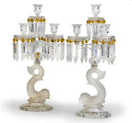 1396.  Pareja de candelabros de cristal traslúcido, al ácido y amarillo.Baccarat, Francia, ff. del S. XIX.