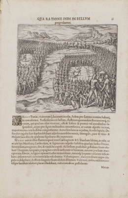 211.  THÉODOR DE BRY (1528-1598) y JACQUES LE MOYNE DE MORGUES (1533-1588)“Benzo cum comitibus, Premente fame testudines venatur”, “Diego Gottierrez praefectus Hispanicus caciquos”, “Qua ratione indi in bellum progrediantur”, “Galli carthaginem indiae continen.