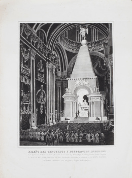 269.  FRANCISCO XAVIER DE MARIATEGUI (inv) y F. BLANCHARD (lit.)Vista del interior de la Iglesia del Real Monasterio de San Jerónimo y Diseño del cenotafio y decoración interior de la iglesia de San Isidro el Real, en los días 9 y 10 de Mayo de 1834, para las .