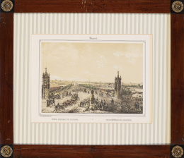 791.  LEOPOLD (dib) J. DENAM (lit)"Vista del Museo y de las cuatro fuentes del Prado", "Vista del Real Palacio por el lado de Poniente", "Vista general de Madrid" y "Vista del Congreso de los Diputados"