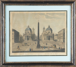 781.  PIETRO RUGA (inc) y LUIGI MAGOZI (dib)"Veduta esterna della Basilica di S. Pietro in Vaticano da Constantino Magno e poi diverse secoli adornata ed ampliata da Vari SS. Pontifici" y "Veduta della Piazza del Poppolo"