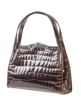 492.  Bolso de piel de cocodrilo brillante marrón con asa doble