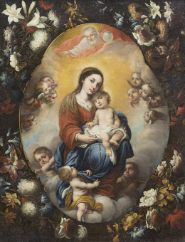 822.  FRANCISCO MENESES OSORIO (Sevilla, c. 1640- 1721)Virgen del Rosario inserta en una orla de flores​​
