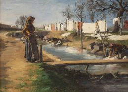 810.  JOSÉ MARÍA SUAY DAGUÉS (Valencia, 1865- Madrid, 1938)Lavanderas junto al río