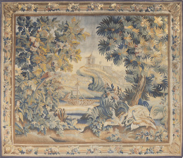 493.  Tapiz Verdure en lana.Paisaje fluvial con aves y arquitectura al fondo.Aubusson, S. XIX.