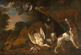 768.  ESCUELA FLAMENCA, SIGLO XVIINaturaleza muerta con corzo, perros, jilgueros sobre un paisaje