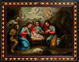 817.  ATRIBUIDO A MIGUEL CABRERA (Oaxaca, 1695- Ciudad de México, 1768) Adoración de los Pastores con ángel y rompimiento de gloria