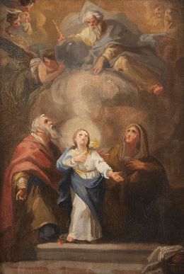 808.  ESCUELA ESPAÑOLA, FF. S. XVIIILa Virgen niña con San Joaquín, Santa Ana y Dios Padre