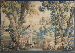 631.  Escena galante en un paisaje.Tapiz en lana y seda.Aubusson, Francia, mediados del S. XVIII.