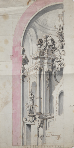 759.  LUIS GONZÁLEZ VELÁZQUEZ (Madrid, 1715- 1763)Proyecto decorativo para el retablo- tabernáculo fingido de la Ermita de Nuestra Señora de la Soledad Puebla de Montalbán (Toledo)1741- 1742