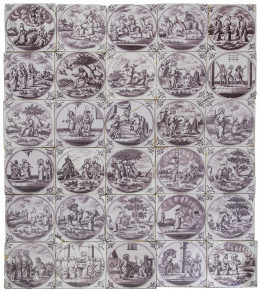 1326.  Lote de treinta azulejos de cerámica esmaltada en manganeso con escenas religiosas.Holanda, S. XVIII.