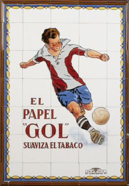 1179.  "El papel "Gol" suaviza el tabaco".Panel de 35 azulejos de cerámica esmaltada.Juan Bautista Molins, Valencia, primera mitad del S. XX.