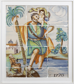 508.  San Cristóbal y el Niño.Panel Carlos IV de doce azulejos de cerámica esmaltada, en verde, ocre, azul y amarillo.Trabajo valenciano, fechado 1770.