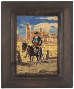 705.  Daniel Zuloaga (1852 -1921).Segoviano sobre burro con vista de la catedral de fondo.Azulejo de de cerámica esmaltada con la técnica de arista. Firmado.