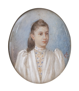 780.  F. G. (Escuela española, siglo XIX)Retrato de dama con vestido blanco