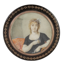 642.  Cajita circular de carey con incrustaciones en oro y miniatura en la tapa con retrato de dama en un sofá.pp. del S. XIX.