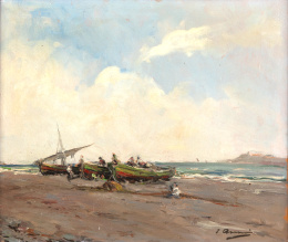 869.  JOAQUIN ASENSIO MARINÉ  (Barcelona, 1890-1961)Barcas en la playa