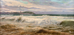 870.  JUAN MARTÍNEZ ABADES  (Gijón, 1862-Madrid, 1920)Marina con la ciudad e Gijón al fondo, 1910