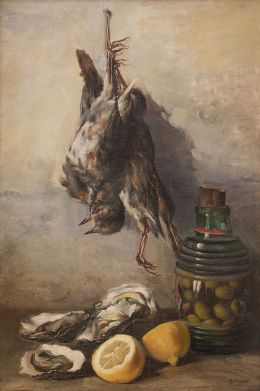 858.  RICARDO MARTÍ (Barcelona, 1868-1936)Bodegón con caza muerta y ostras