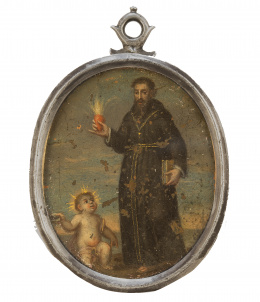 1039.  “San Agustín” Relicario pintado al óleo sobre cobre, con reliquia de San Agustín en el reverso.Trabajo español, S. XVII.