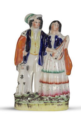 1192.  Pareja con perro.Figura de loza esmaltada.Staffordshire, Inglaterra, S. XIX.