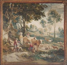 1107.  "El rebaño y la mujer del granjero ordeñando una vaca".Tapiz en lana y seda, según Teniers.Taller de Urbanus y Daniel Leyniers, Bruselas (1729-1745).