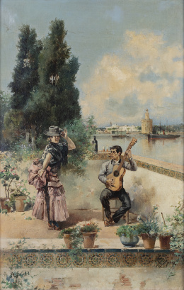 861.  FRANCISCO CANDELA (Escuela española, finales S. XIX)Flamencos cantando y bailando con la Torre del oro al fondo