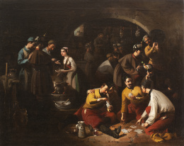 838.  ESCUELA ESPAÑOLA, SIGLO XIXSoldados de cazadores en el interior de una tasca; unos jugando a las cartas1859