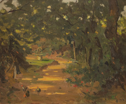 898.  ELISEO MEIFRÉN ROIG (Barcelona, 1859-1940)Paisaje con gallinas